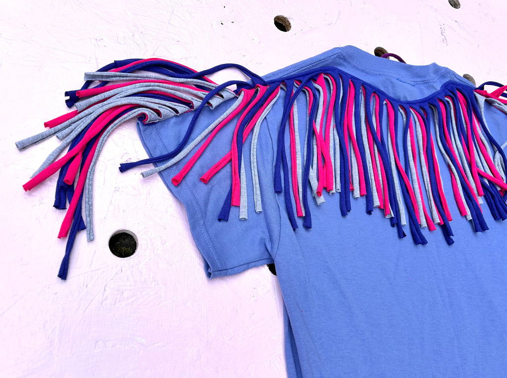 Size S - Fringed Unisex Tee - Lavender/Cobalt/Hot Pink/Grey