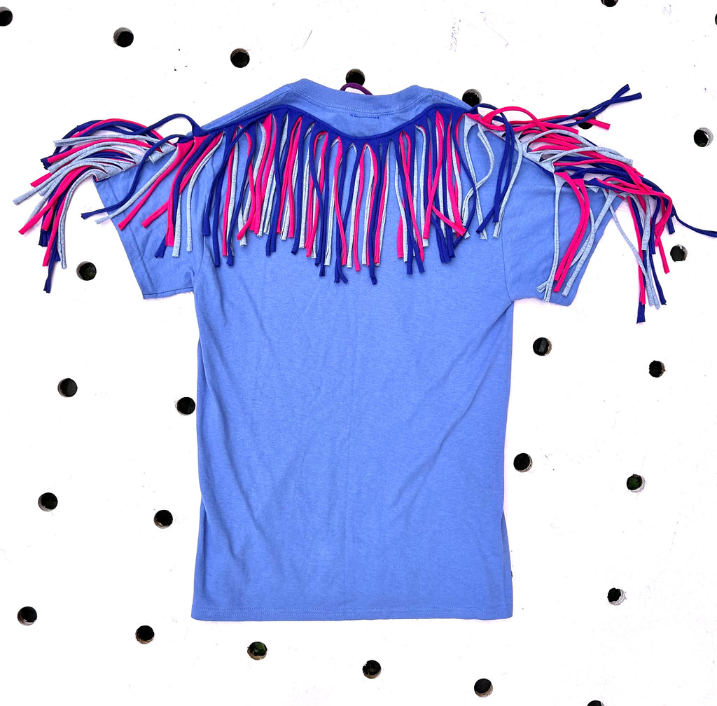 Size S - Fringed Unisex Tee - Lavender/Cobalt/Hot Pink/Grey