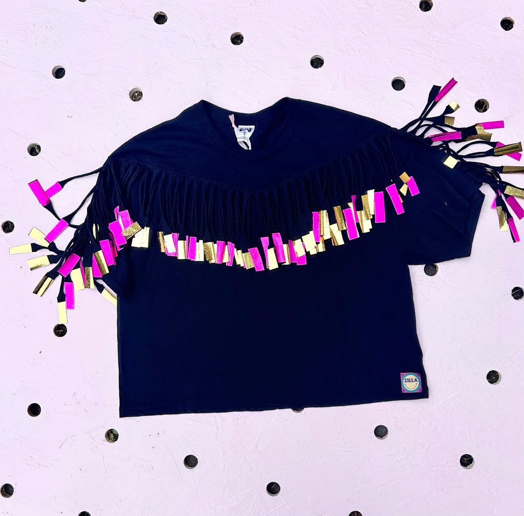 (389) One Off - Size S - Printed Fringed Oversized Tee - Black