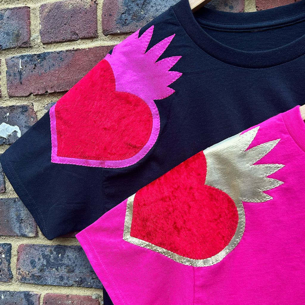 Queenie Appliqué Red Velvet Oversized Tee - Black, pink and red