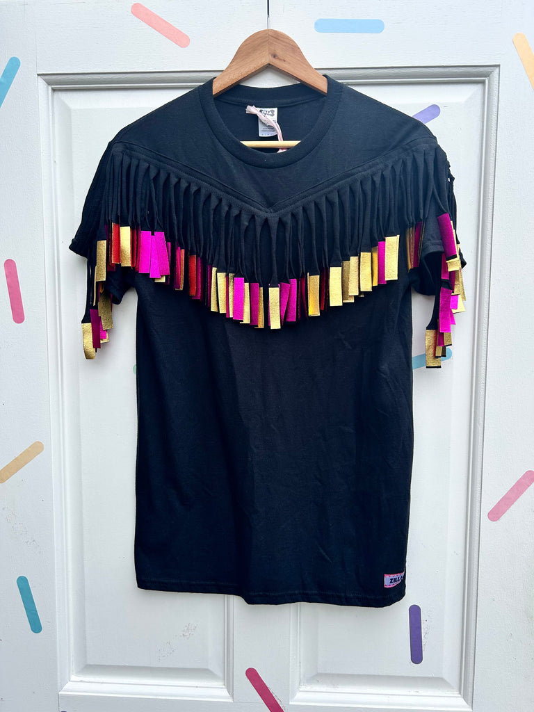 (390) One Off - Size S - Printed Fringed Unisex Tee - Black