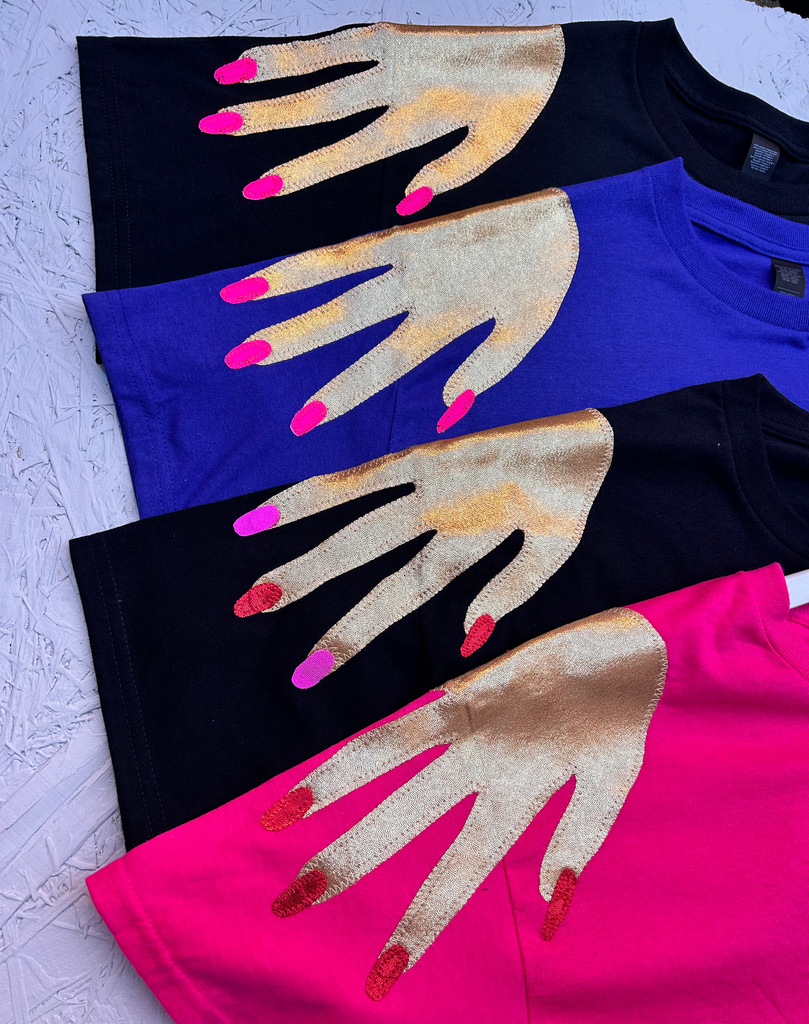 'Hands On' Oversized Longer Length Tee - Gold and Neon on Black