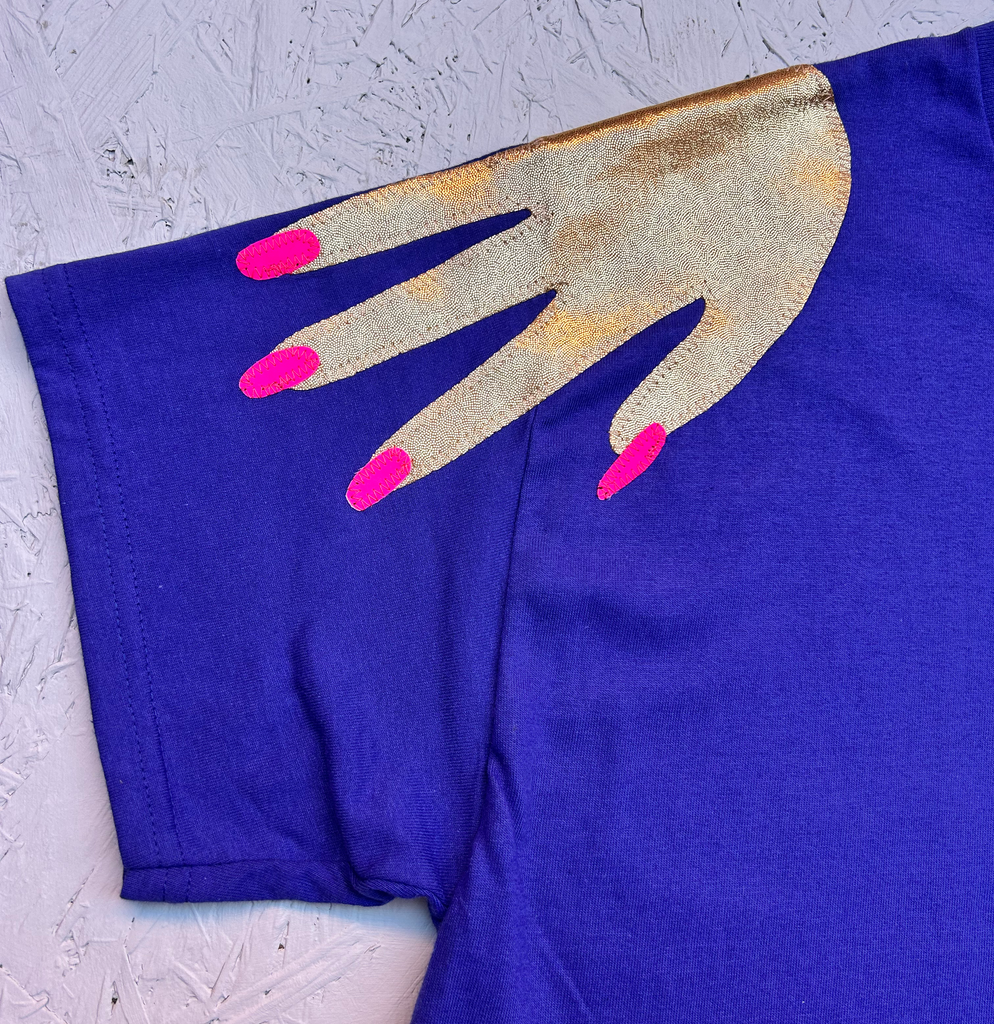 'Hands On' Oversized Longer Length Tee - Gold and Neon on Cobalt
