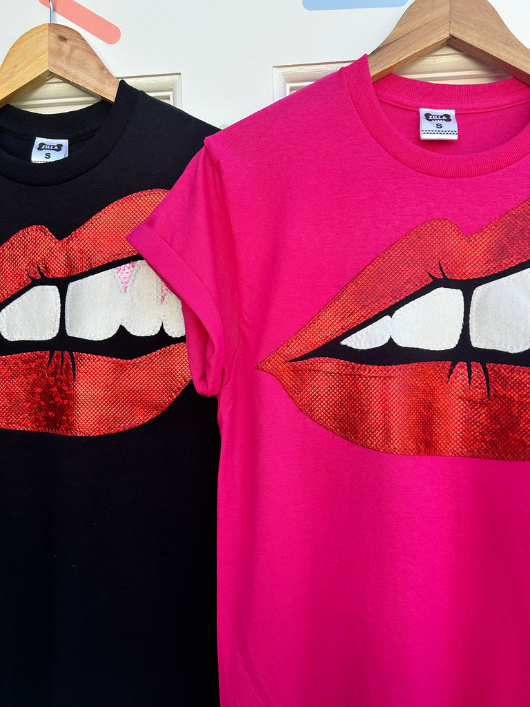 Bite Back Tee - Unisex fit in hot pink with metallic red snakeskin applique