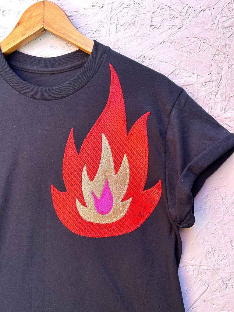 Size XL - Phoenix Tee - black with red, pink and gold flame applique