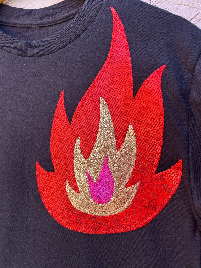 Size XL - Phoenix Tee - black with red, pink and gold flame applique