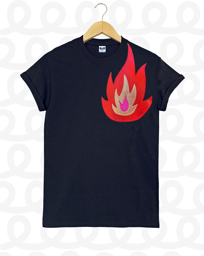 Size XL - Phoenix Tee - black with red, pink and gold flame applique