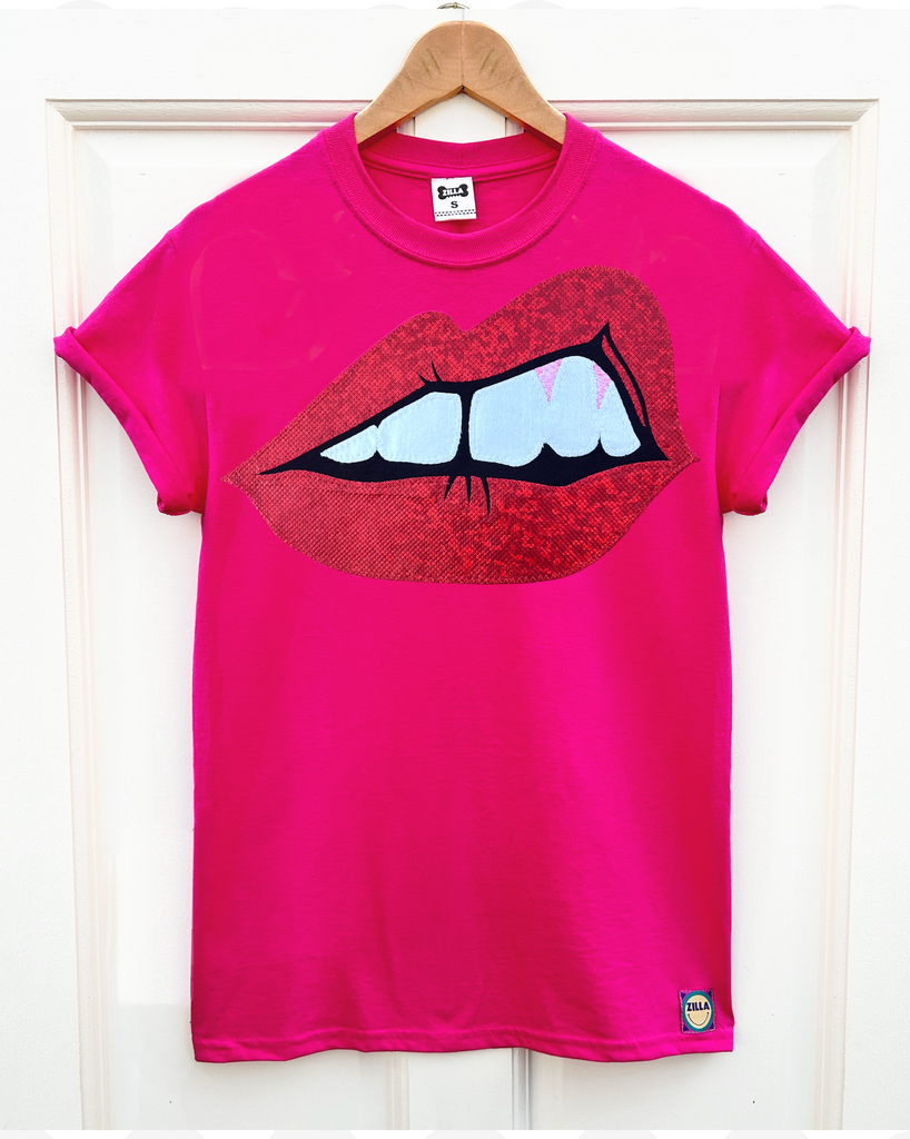 Bite Back Tee - Unisex fit in hot pink with metallic red snakeskin applique