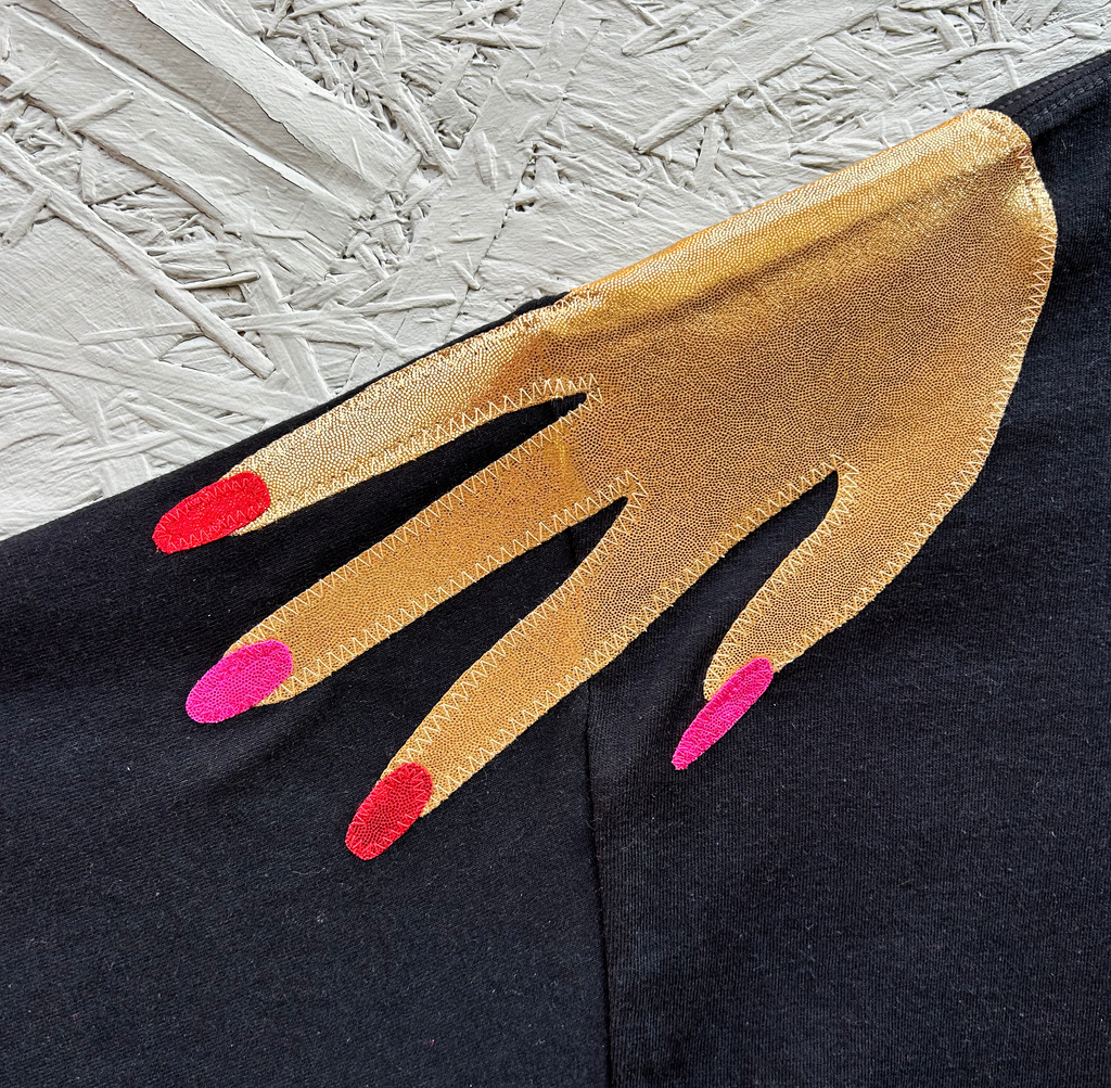 'Hands On' Oversized Longer Length Tee - Gold, red and pink on Black