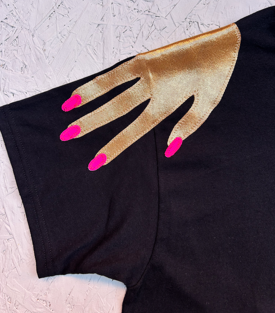 'Hands On' Oversized Longer Length Tee - Gold and Neon on Black