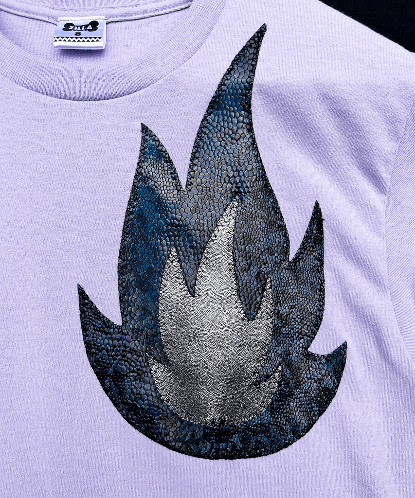 Phoenix Tee - lilac with black left chest appliqué - just sizes L and XXL left