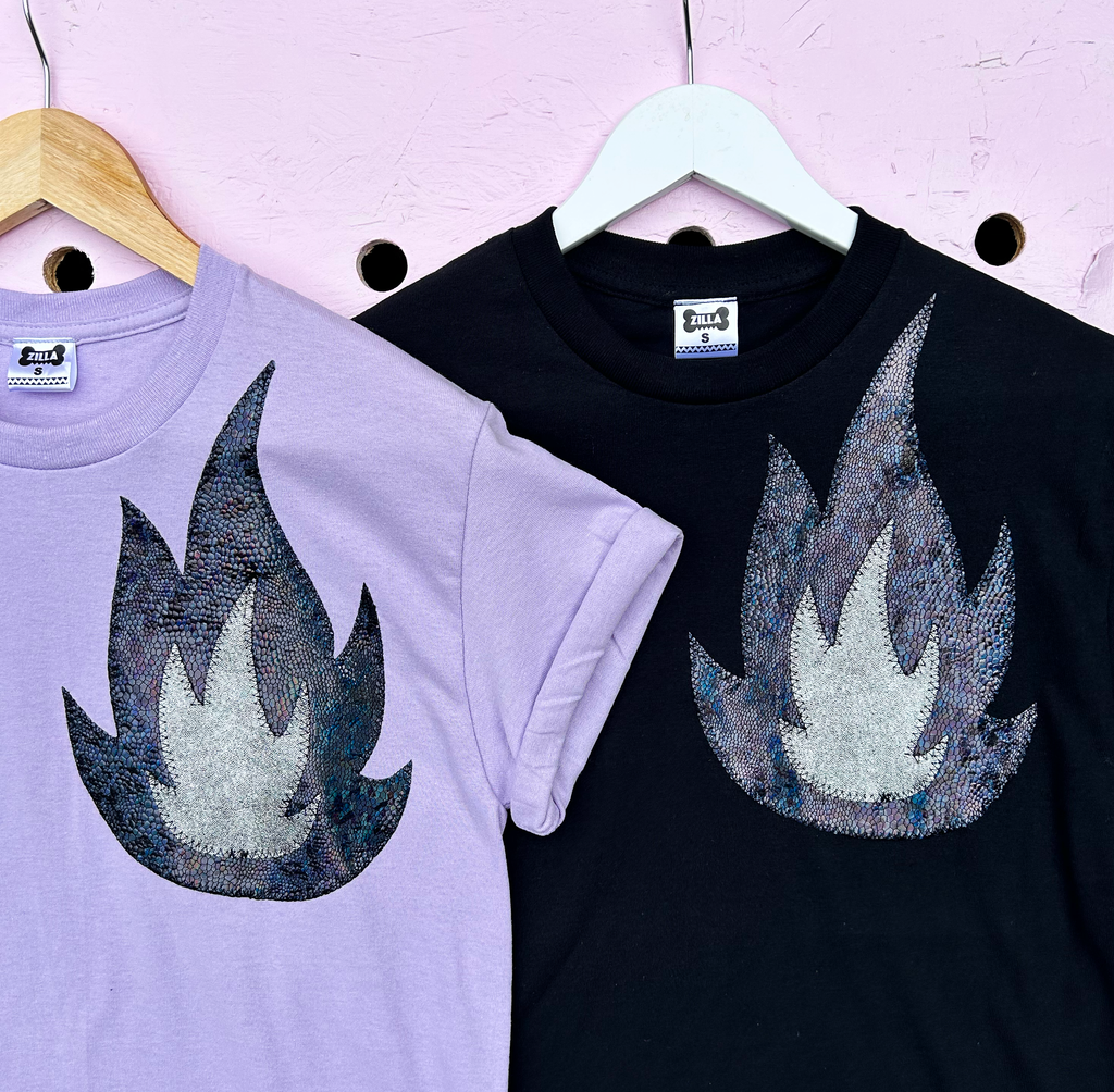 Phoenix Tee - lilac with black left chest appliqué - just sizes L and XXL left