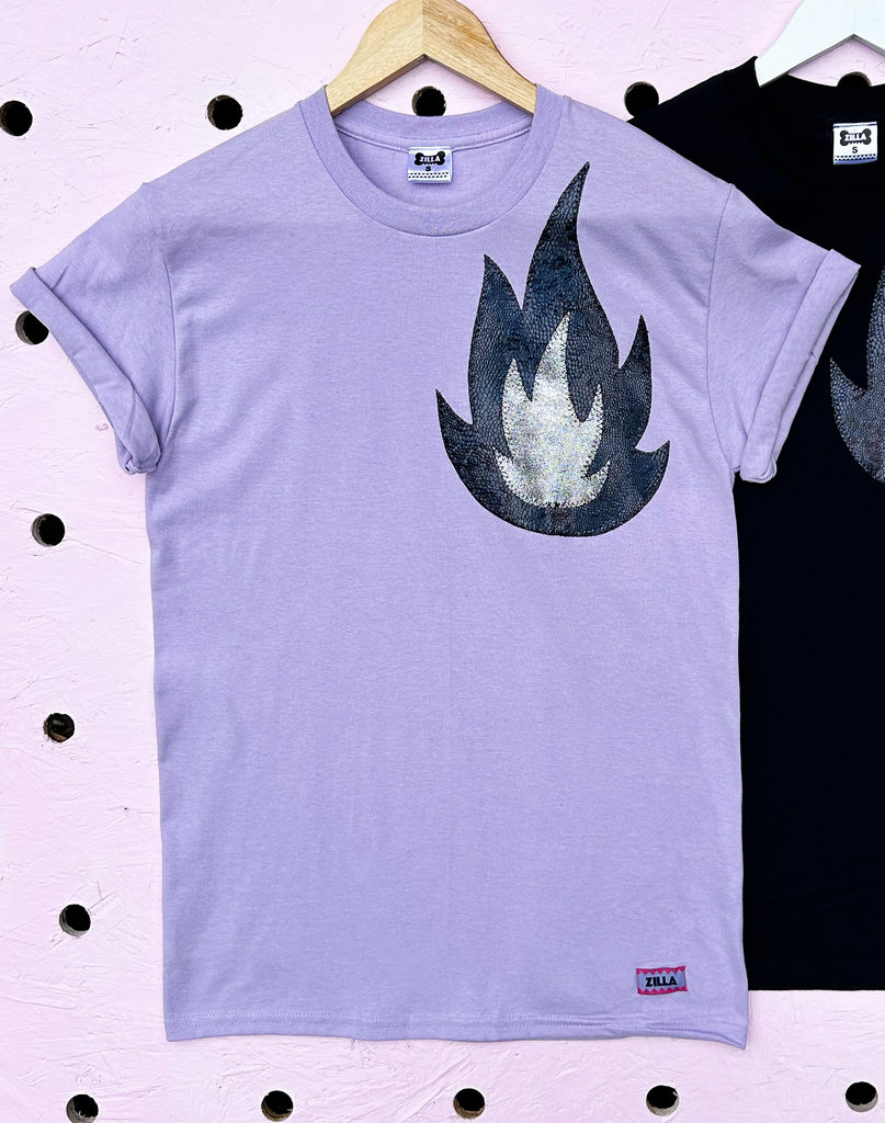 Phoenix Tee - lilac with black left chest appliqué - just sizes L and XXL left