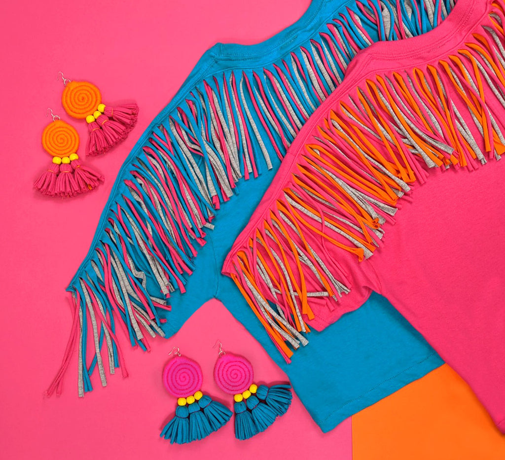 Fringed Oversized Tee - Turquoise with grey and hot pink - just XXL left