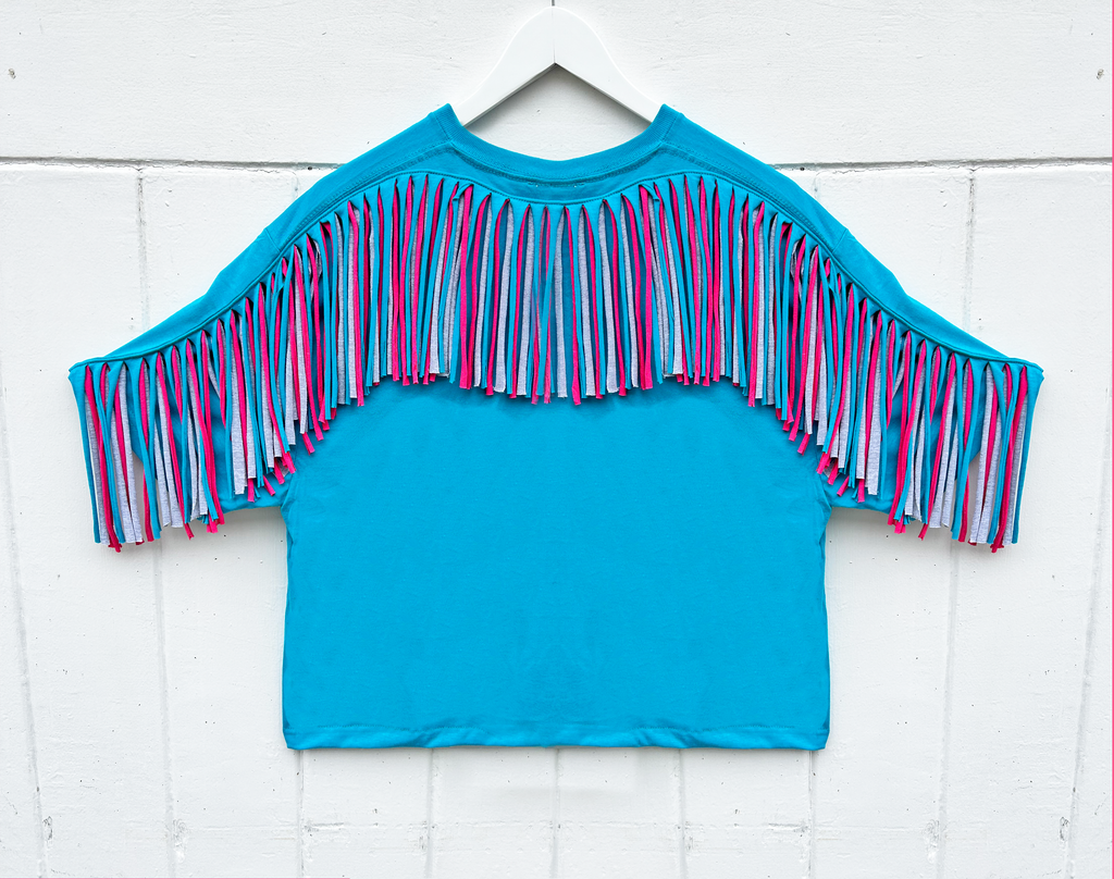 Fringed Oversized Tee - Turquoise with grey and hot pink - just XXL left